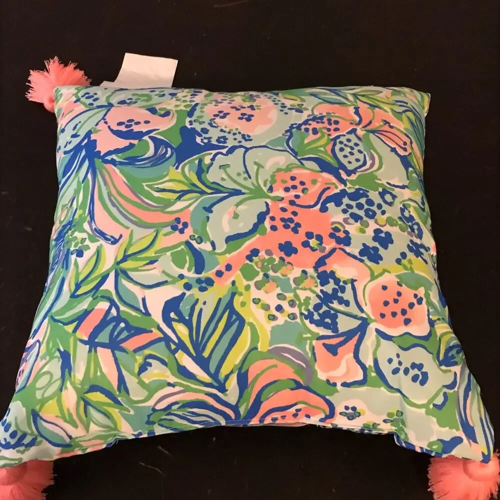 Lilly Pulitzer Feline Good Decorative Tassel Accent Pillow Tropical Pink Blue